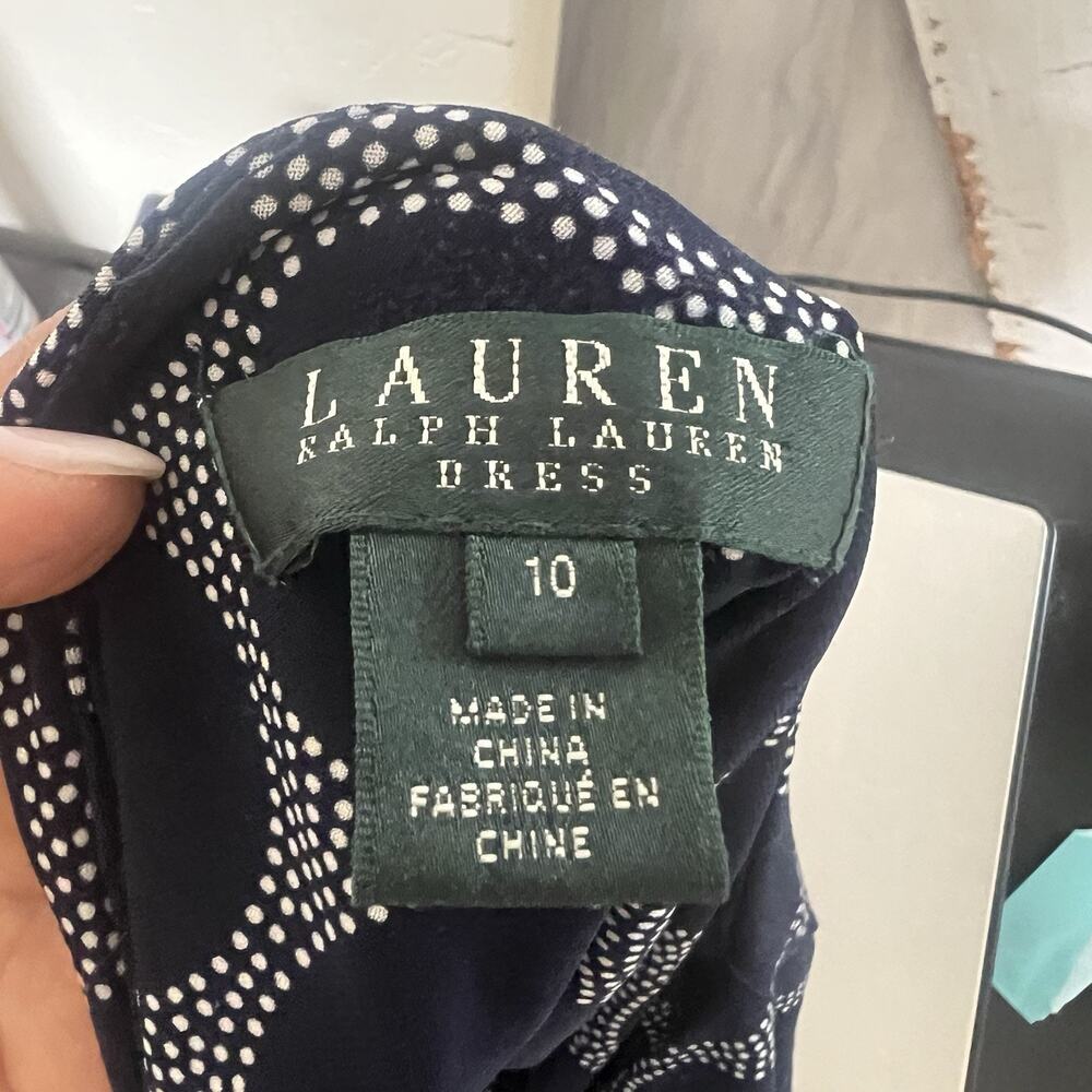 Ralph Lauren Geo Print Jersey Dress Ruched Size 10 Navy White Professional - Picture 9 of 11